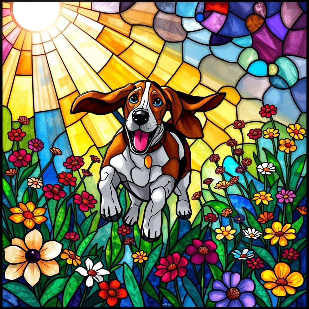 Basset Hound in Stained Glass Window, Alcohol Ink Style