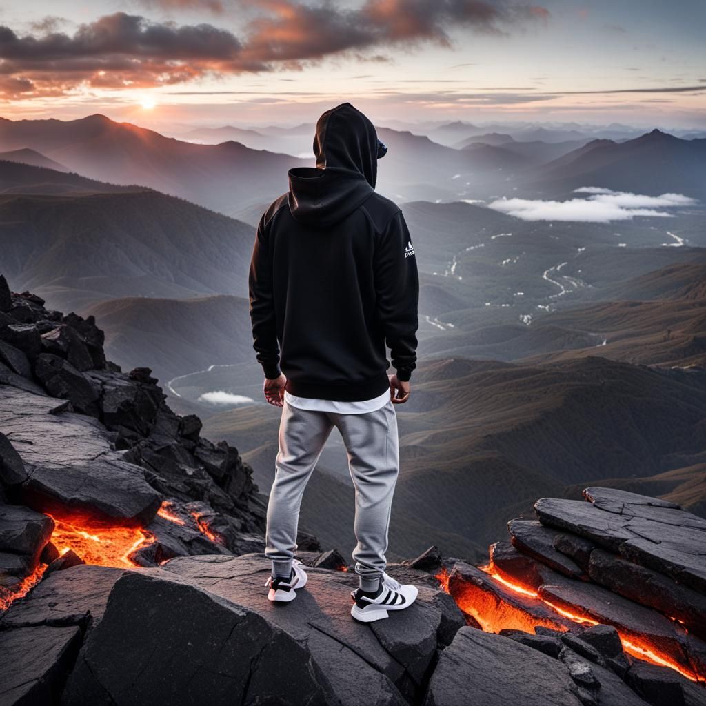 Man and Dog on Lava Peak in Sci-Fi Style