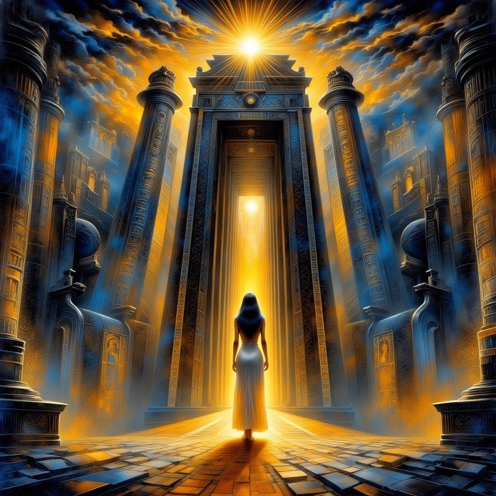 Egyptian Goddess in Sunrise Temple, Art Deco Fresco Style