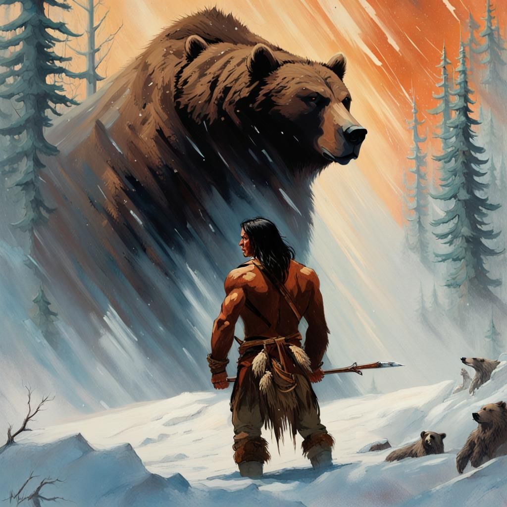 Native American Warrior Confronts Bear in Blizzard