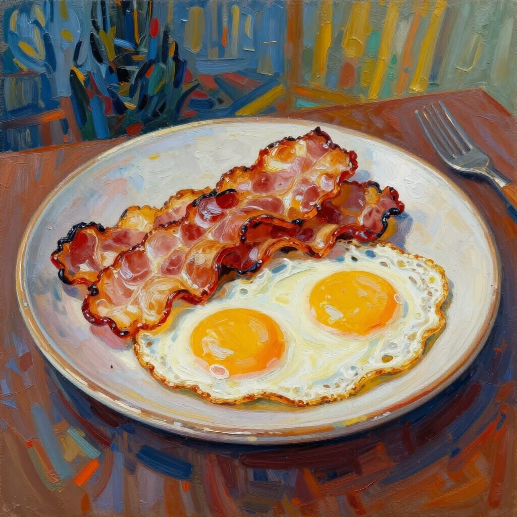 Vibrant Acrylic Painting of Bacon and Fried Eggs