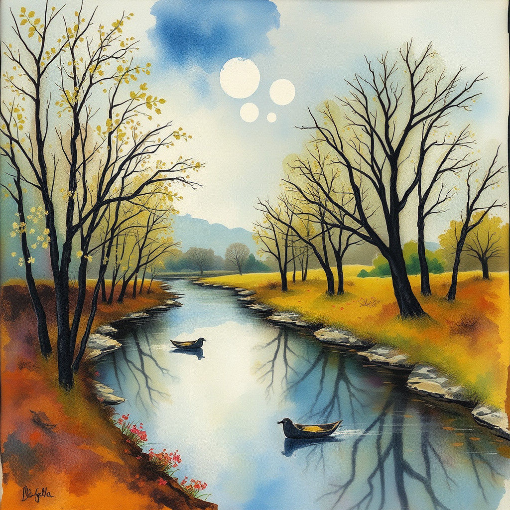 Surreal Riverside Spring Watercolor Painting