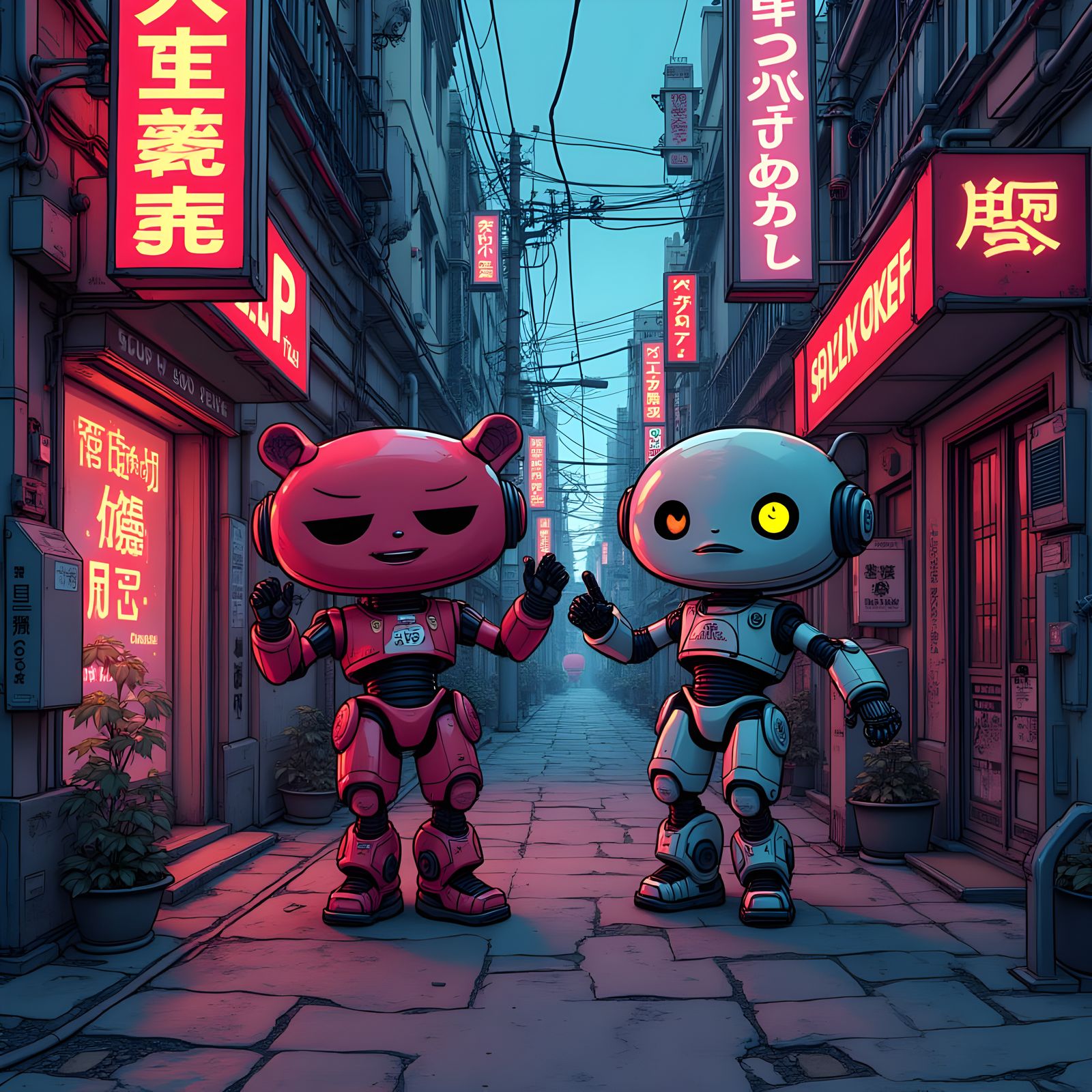 Cyberpunk Theme Park Alleyway with Robotic Mascots