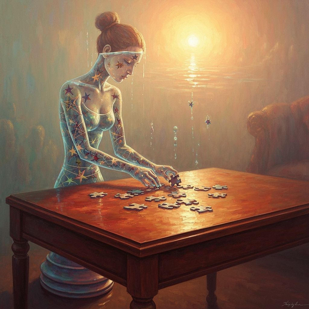 Water-Filled Chess Queen Gathers Puzzle Pieces on Coffee Tab...