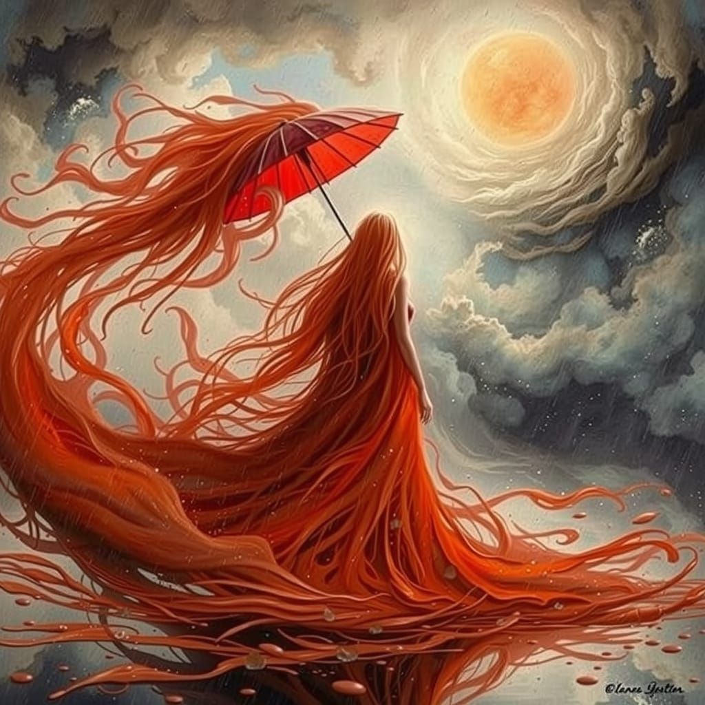 Solitary Figure in Red Dress Amidst Storm