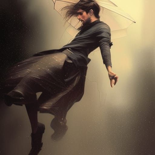 Hyperrealistic Portrait of a Man Dancing in Rain