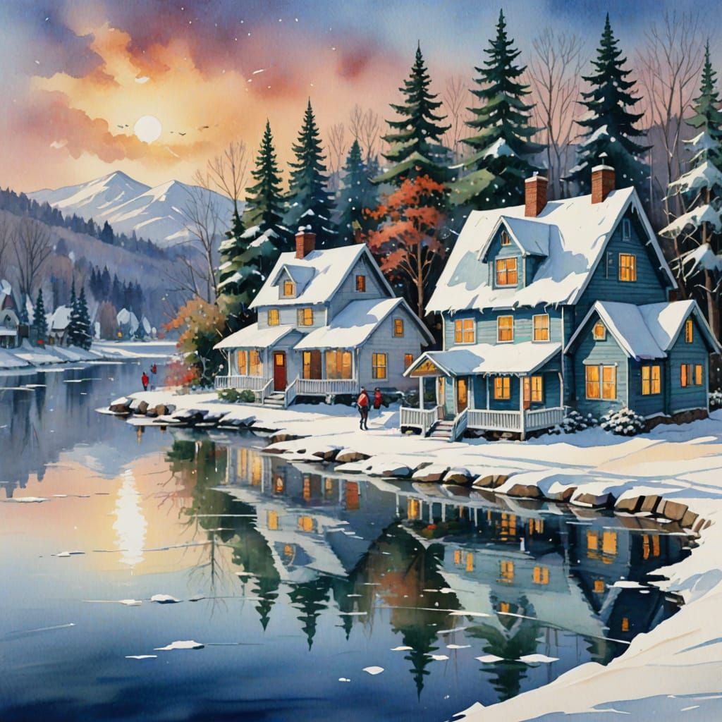 Christmas Cottages on Frozen Lake, Gouache Watercolor