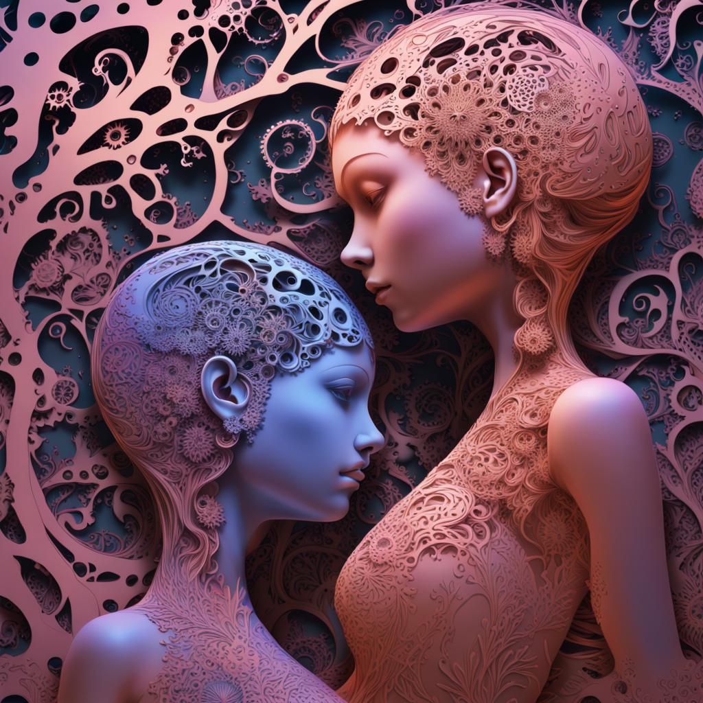 Intricate 4D Sculpture: Boy Hugging Crowned Girl