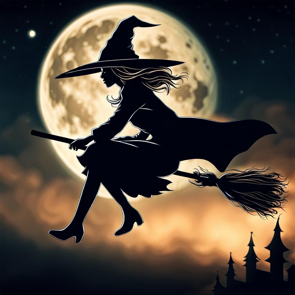 Little Witch Soaring on Broomstick at Midnight