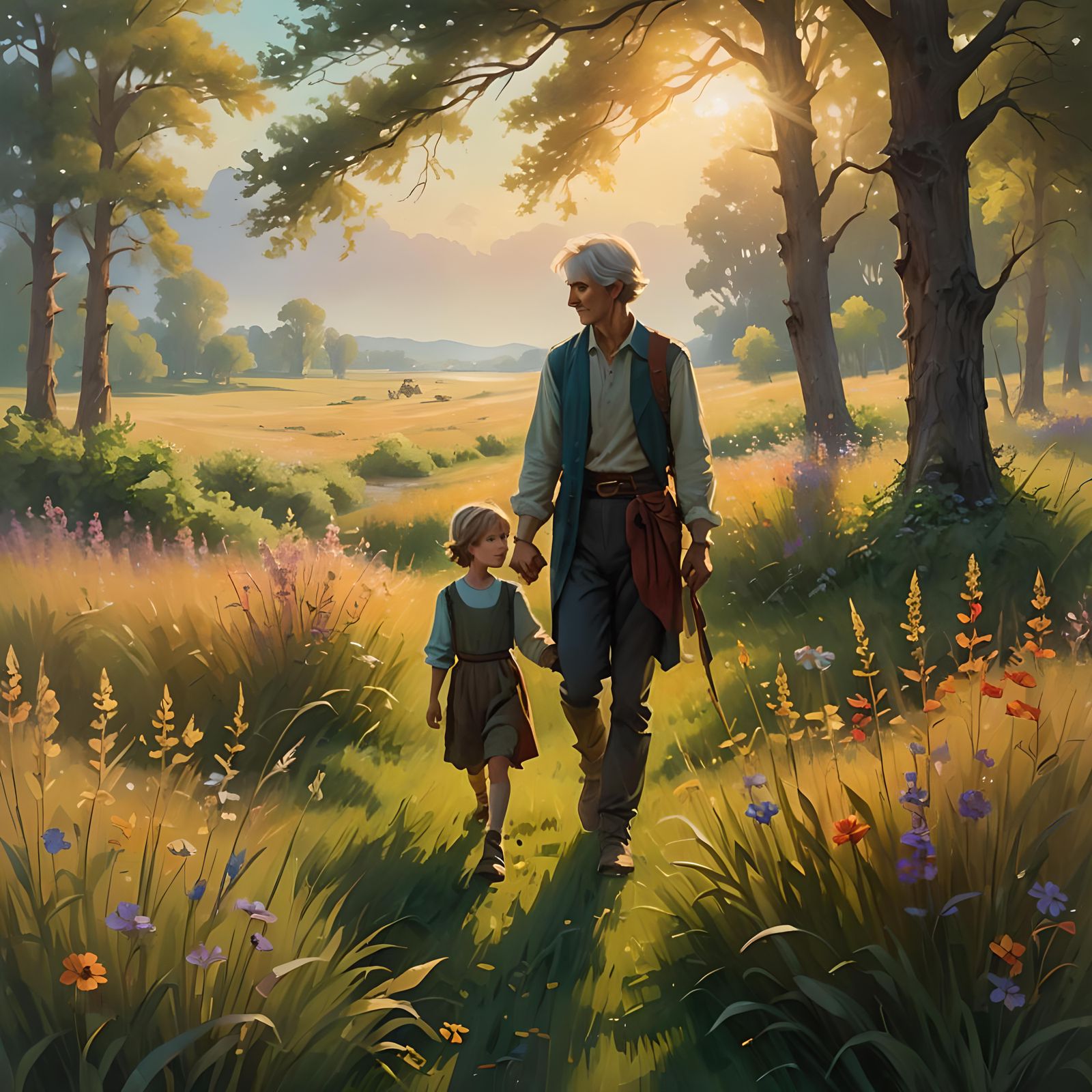 Golden Sunset Walk: Boy and Grandmother in Field