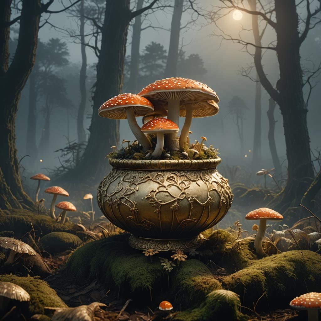 Misty Forest: Amanita Mushroom in Eerie Digital Art