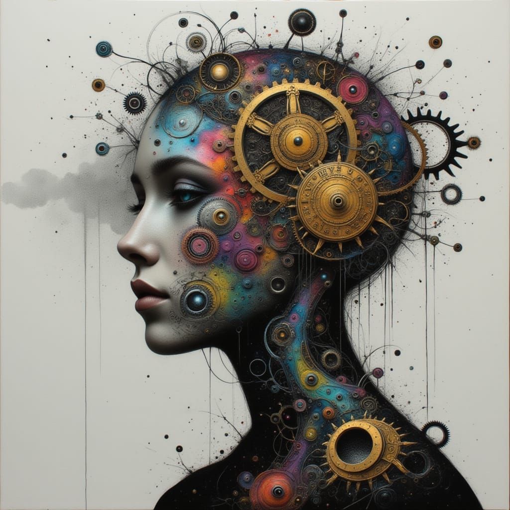 Steampunk Brain on Female Shoulders in Watercolor