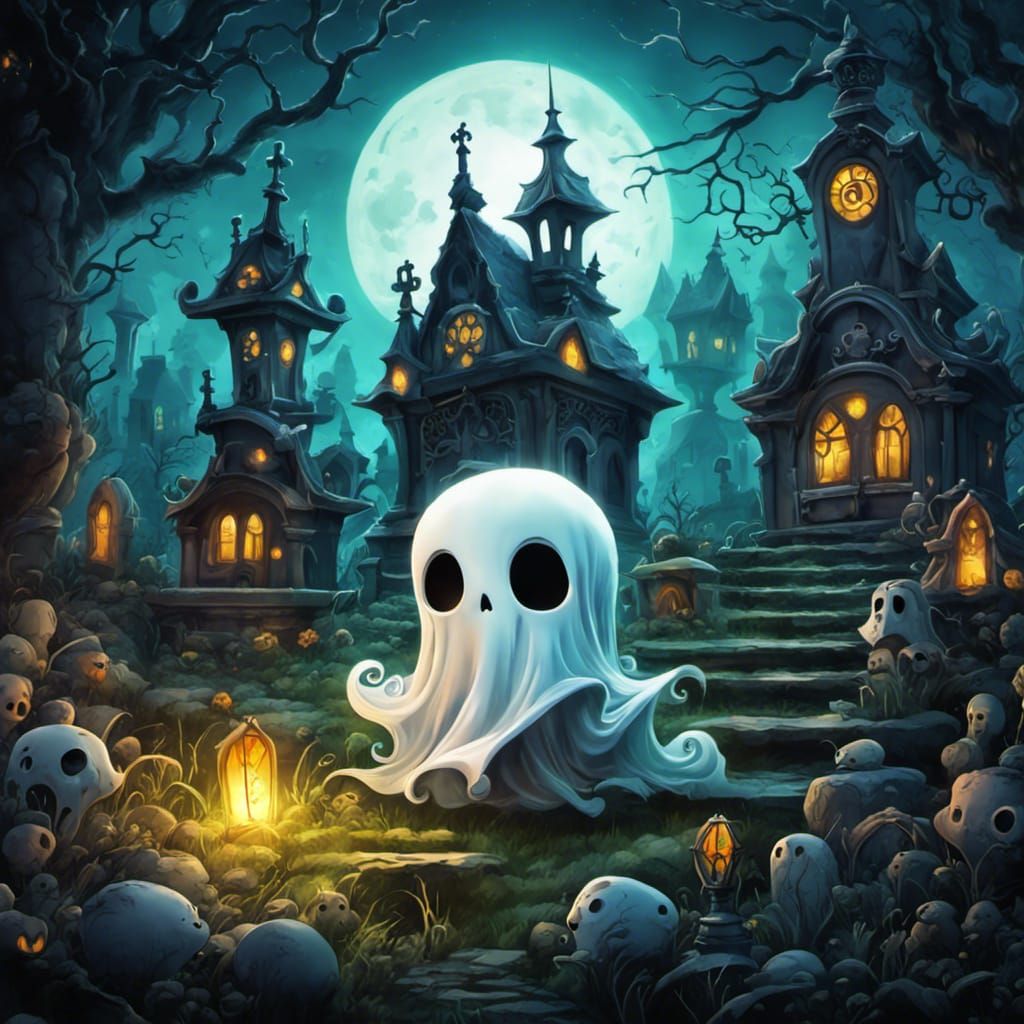 Chibi Ghost in Haunted Graveyard: Watercolor Art