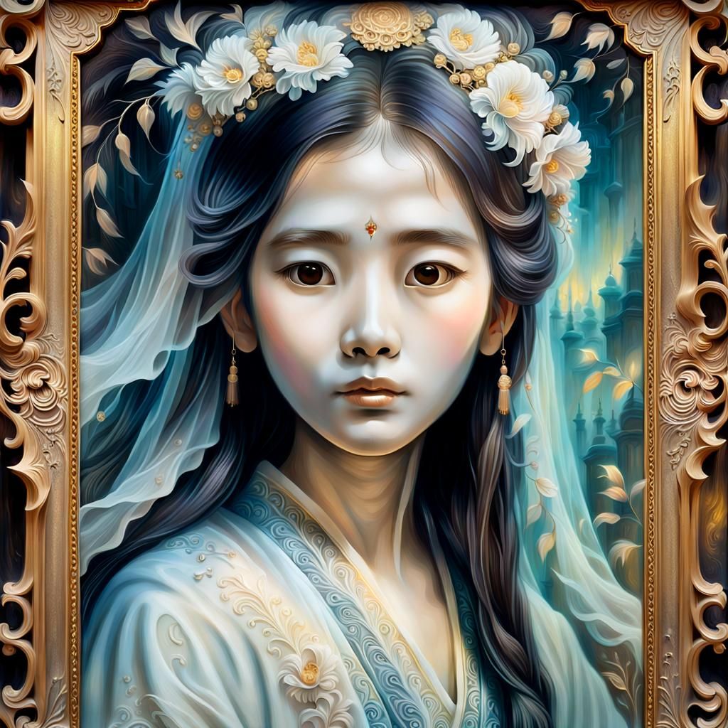 Serene Asian Ghost Portrait in Ornate Oil Painting
