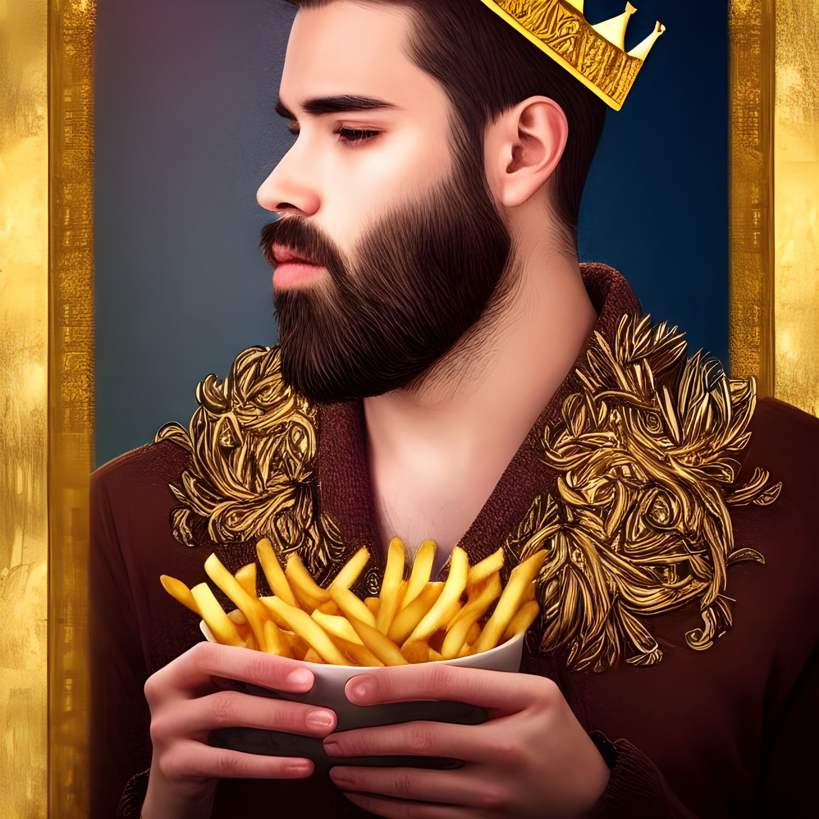 Handsome King Holding Fries in Hyper-Realistic Style