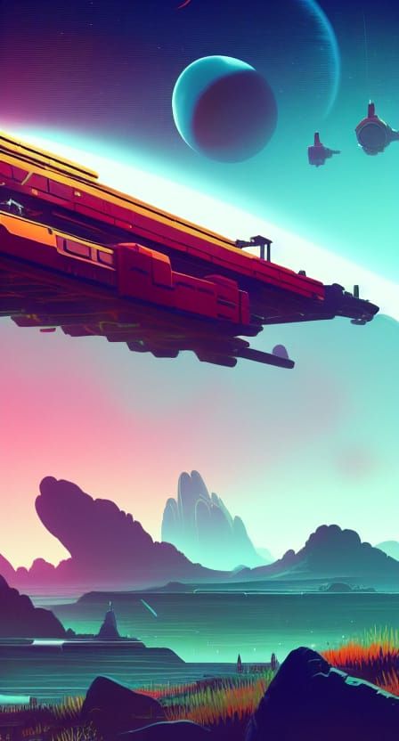 Futuristic Freighter Over Cel-Shaded Seas