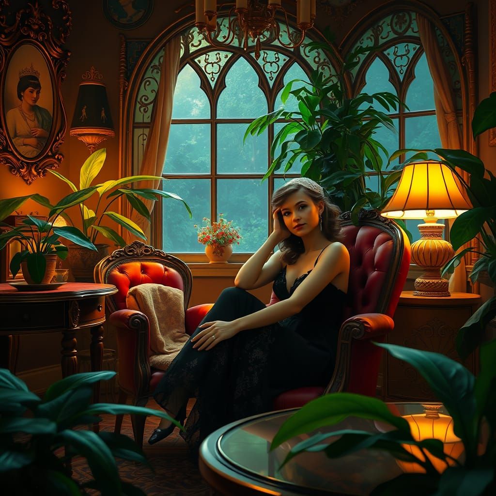 Woman in Cozy Room, Art Nouveau Style