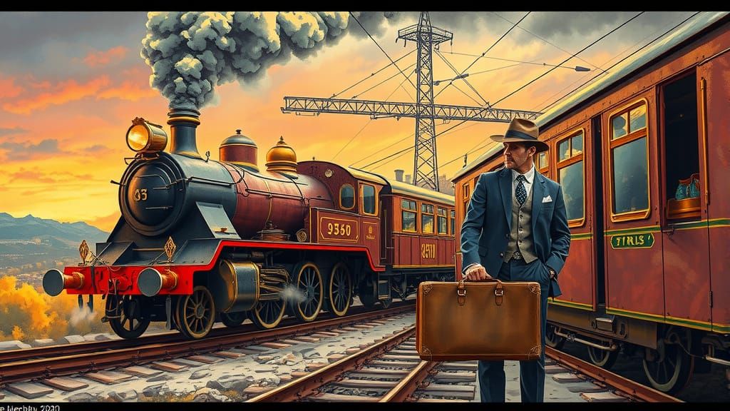 Vintage Train and Traveler in Alcohol Ink Style