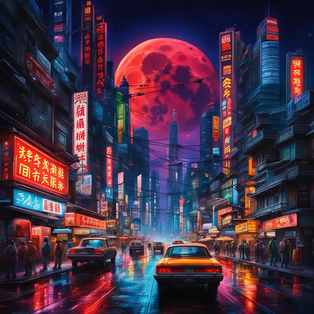 Cyberpunk Asian Metropolis at Night Under Full Moon