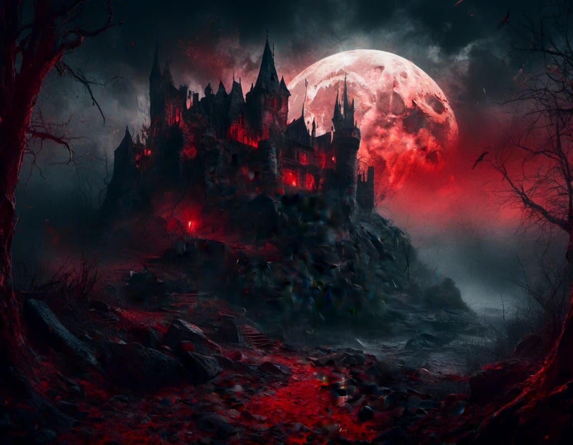 Fantasy Fortress Under Red Moonlight: Macabre Concept Art