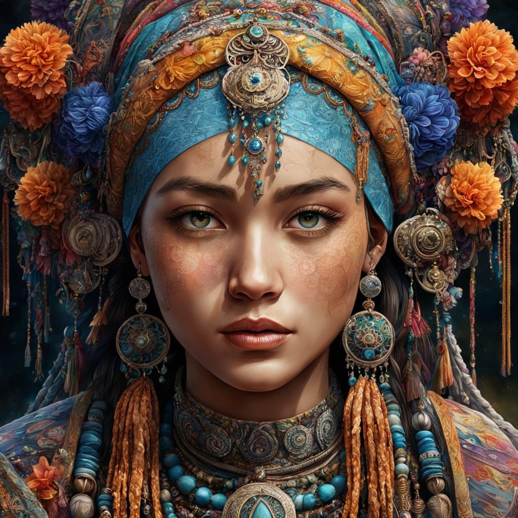 Eurasian Tribal Goddess in Vibrant, Intricately Detailed Por...