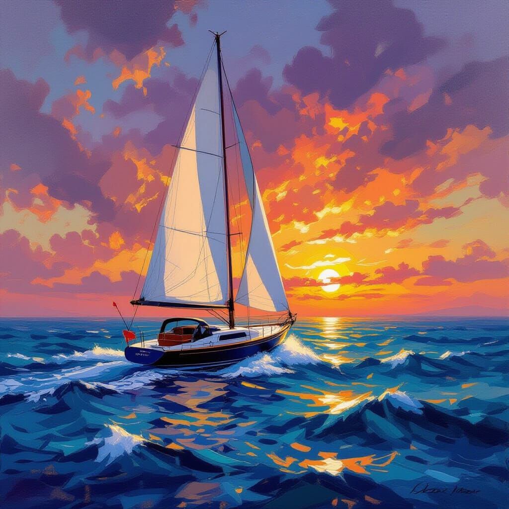 Luxury Yacht at Sunset: Classic Oil Painting