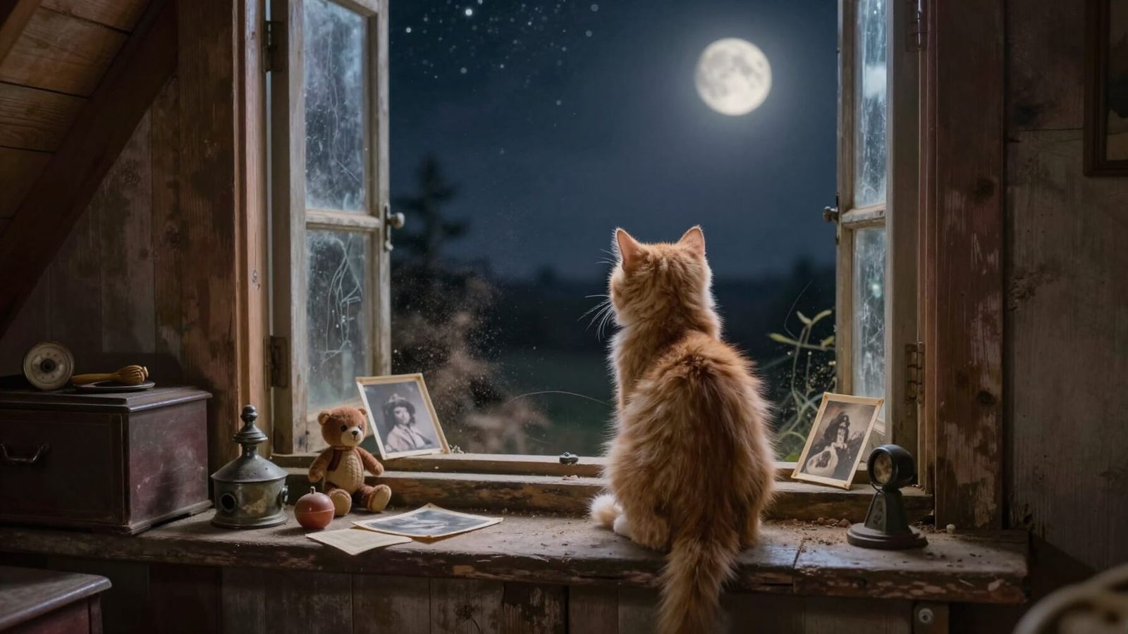Kitten Gazes at Starry Night Sky from Attic Window