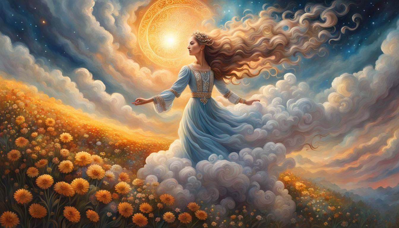 Dancing Cloud Girl Reaching for the Sun