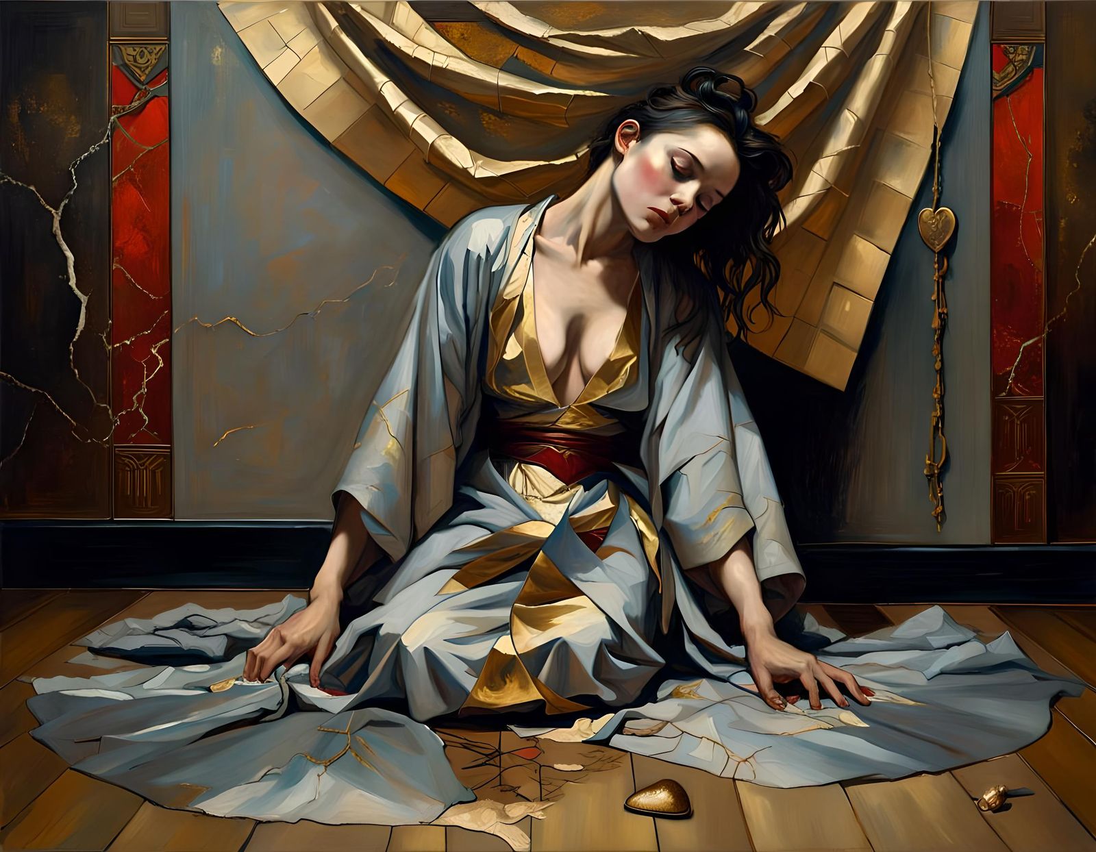 Kintsugi Woman in Ethereal Light: Oil on Canvas