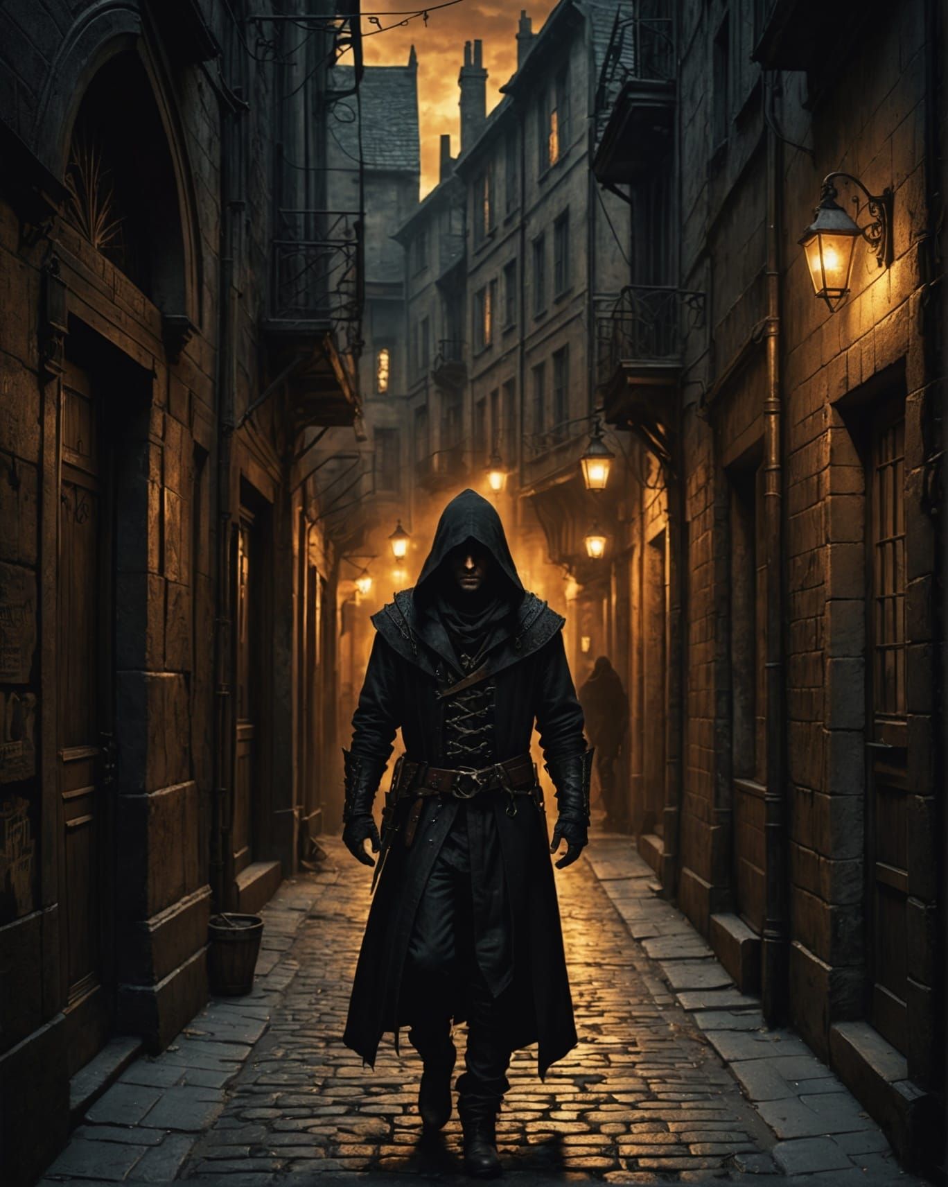 Gothic Tavern with Hooded Figure, Cinematic Lighting