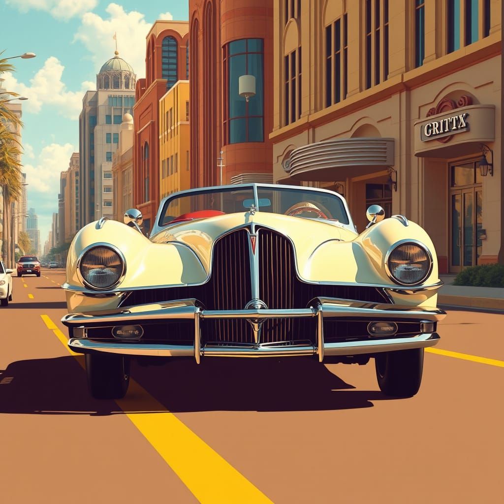 Vintage Stutz Bearcat in Retro-Futuristic Art Deco World