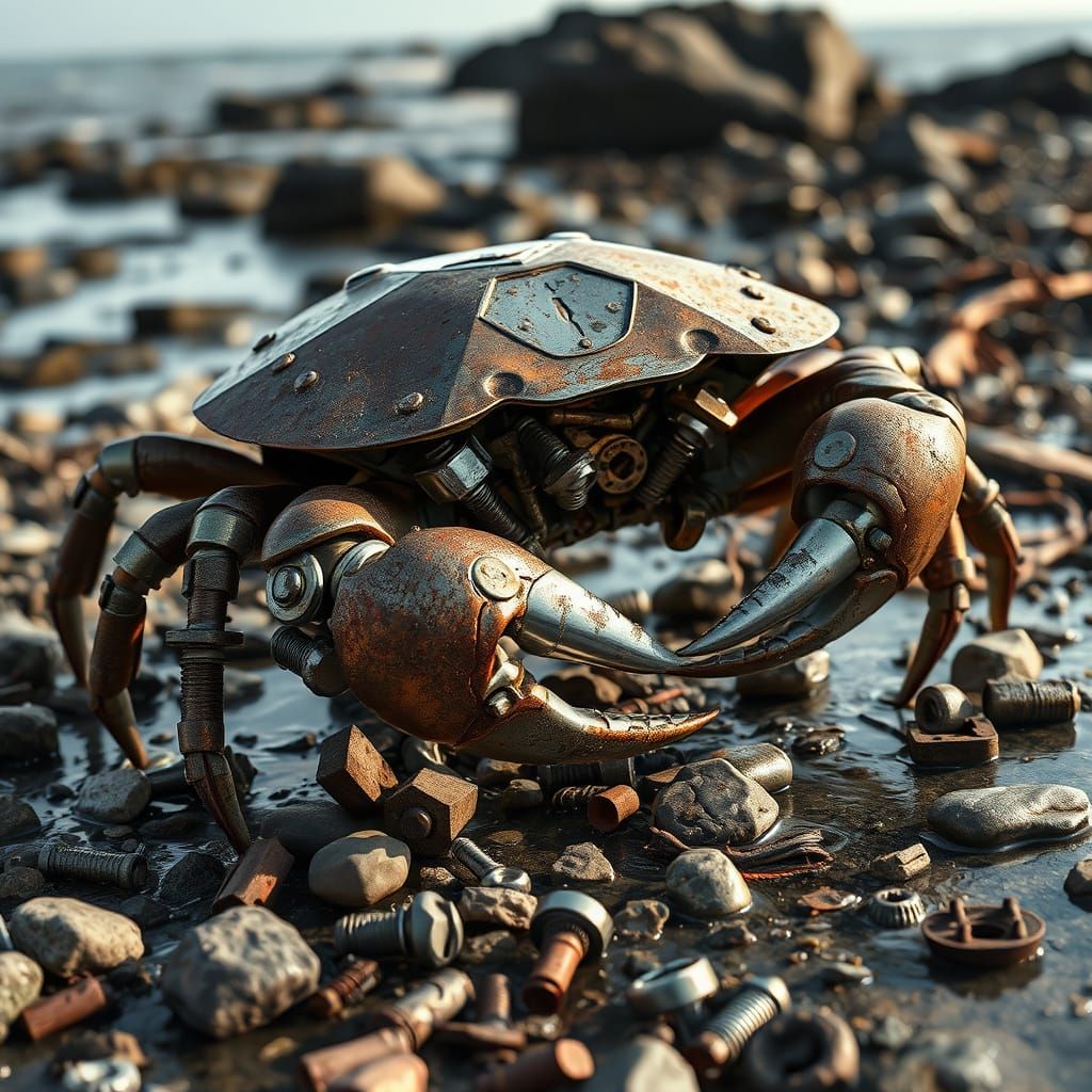 Surreal Metal Crab on Rocky Shoreline