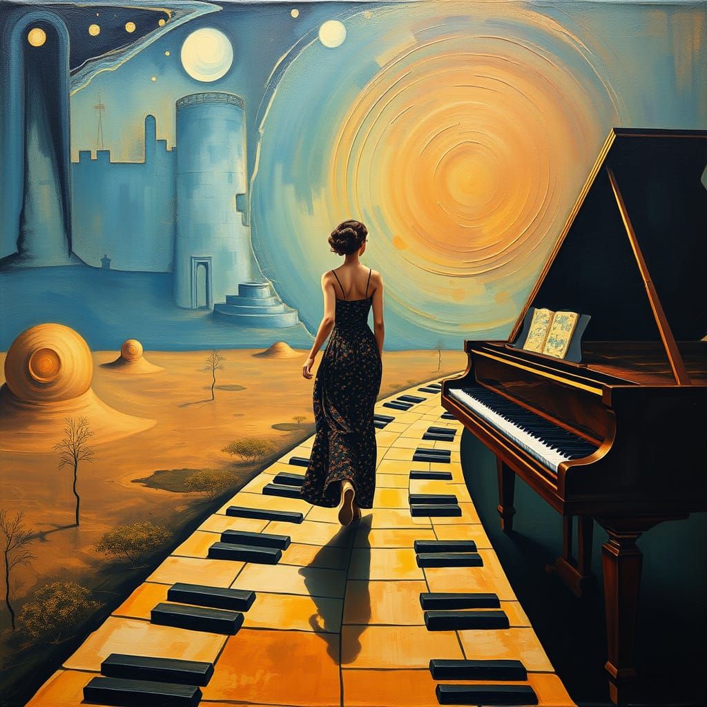 Surreal Woman Walks Piano Key Path