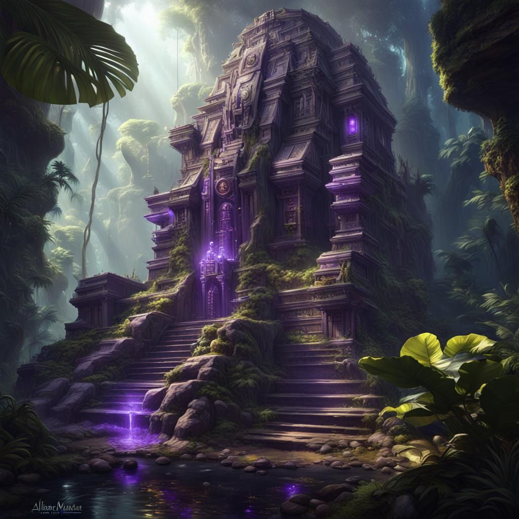Alien Robot Temple in Jungle, Dark Fantasy Concept Art