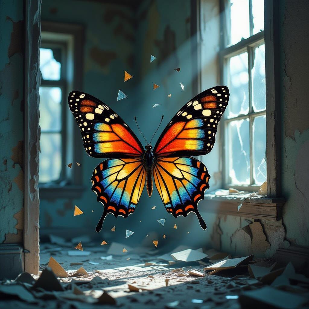 Shattered Glass Butterfly in Abandoned House Oil Painting