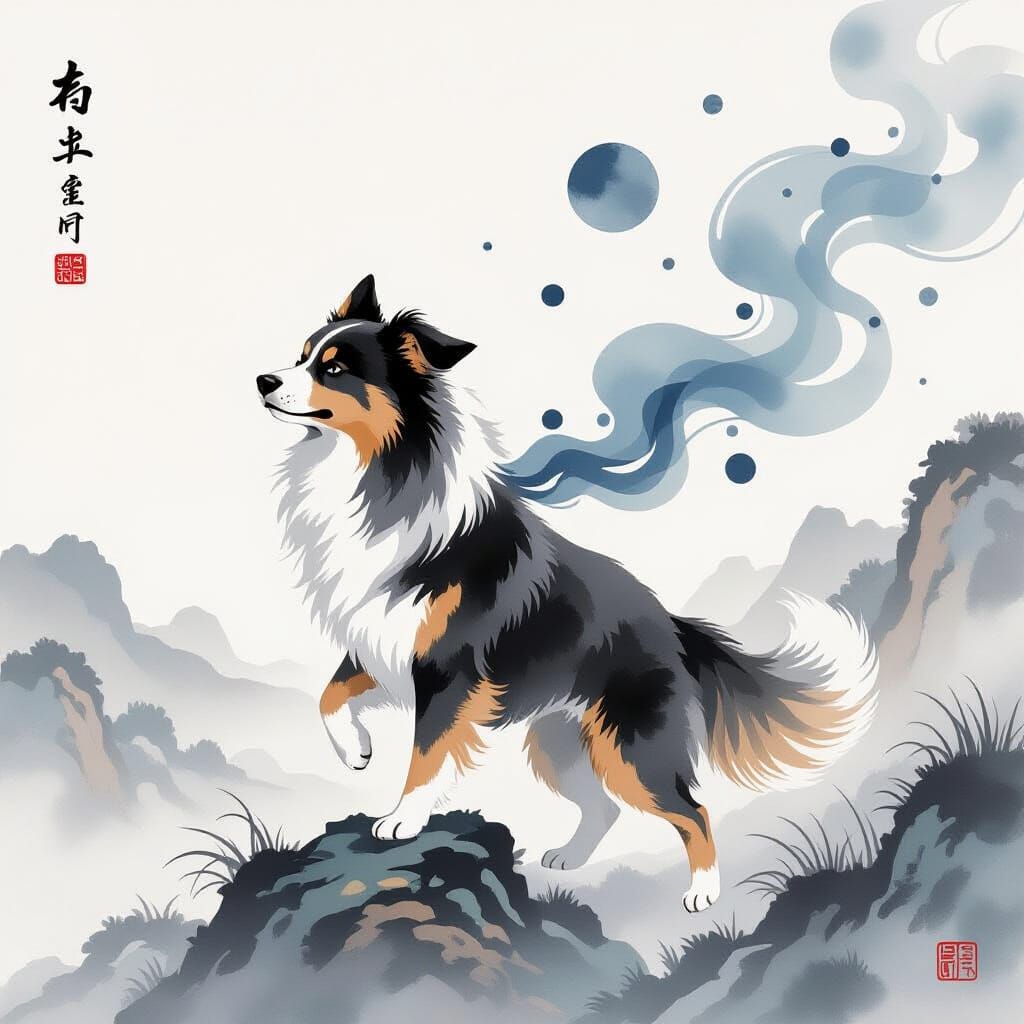 Celestial Ink Dog Transforming into Cosmic Patterns