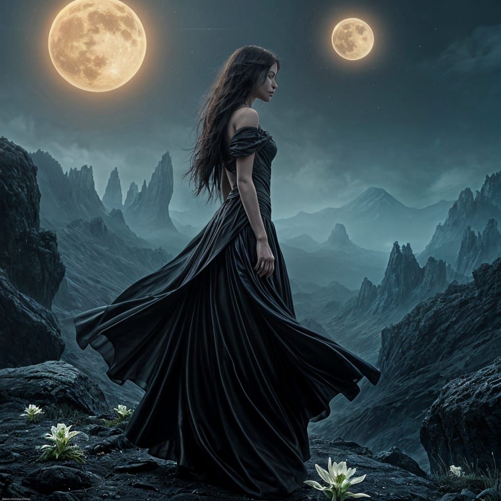 Goth Girl on Alien Planet Gazing at Two Moons