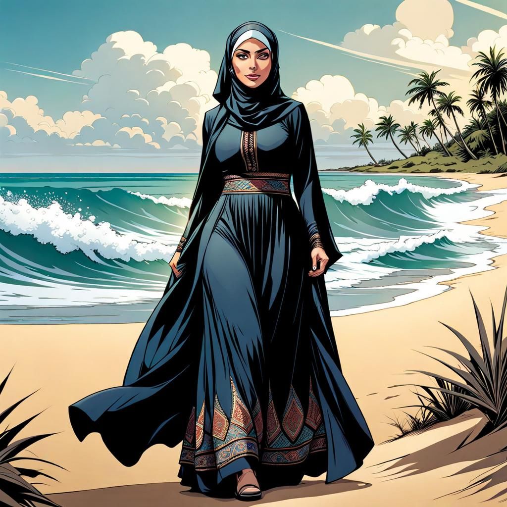 Curvy Woman in Burqini on a Beach, Comic Art