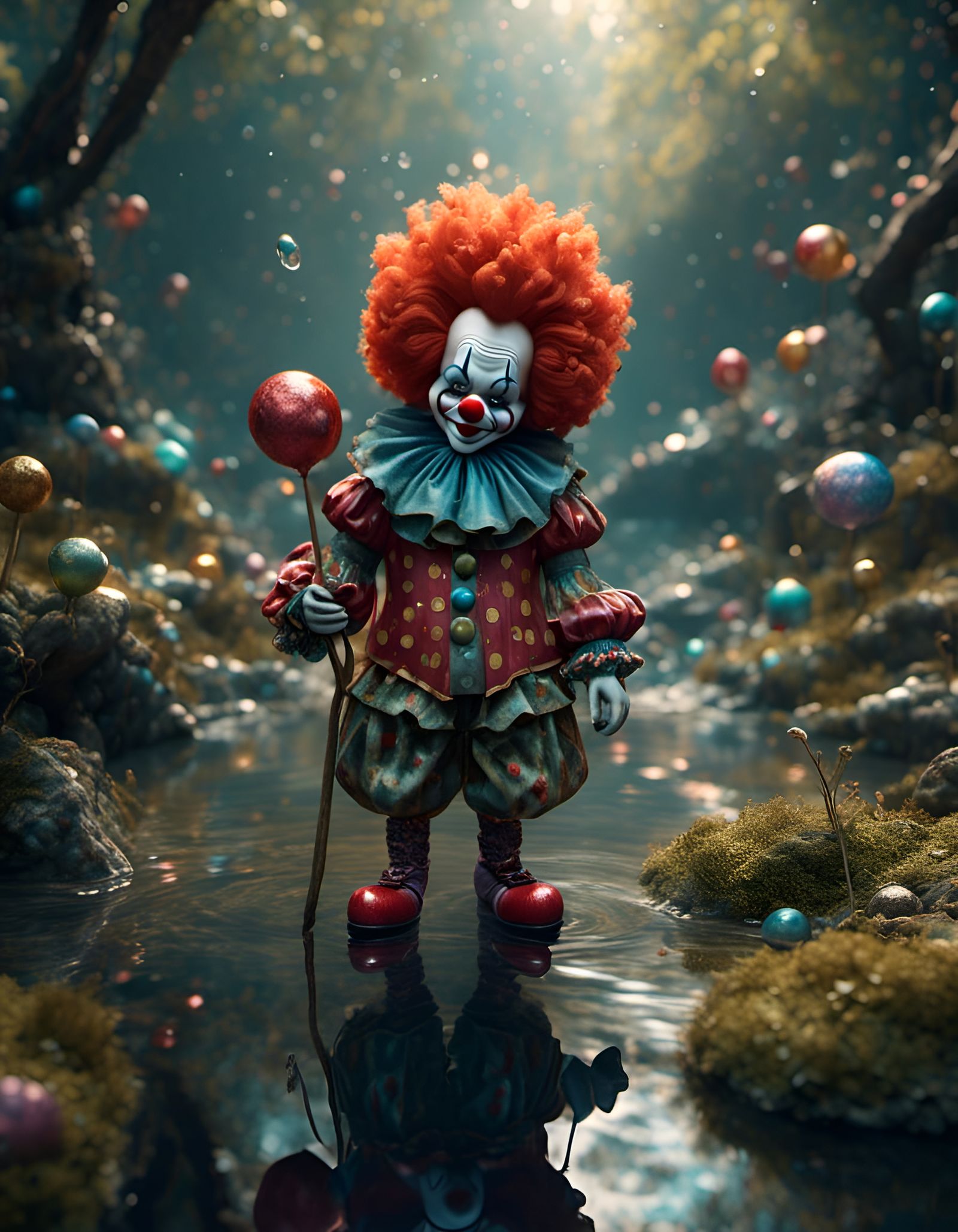 Clown Cavorting in Stream with Tetradic Colors