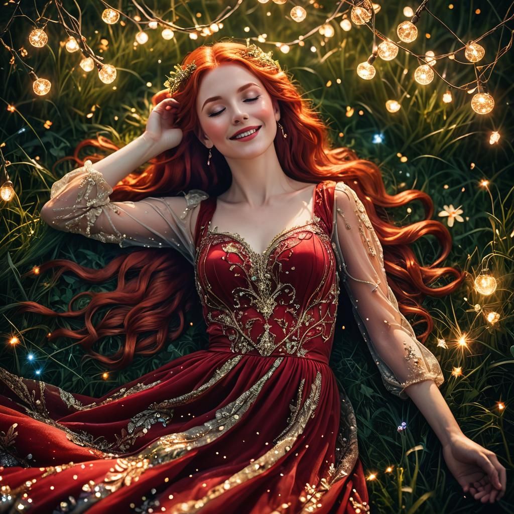 Mythical Red-Haired Woman in Magical Meadow