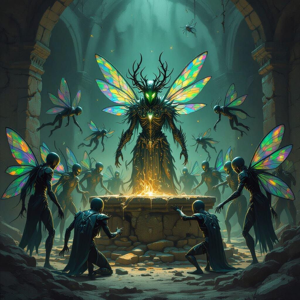 Dark Fantasy Insectoid Figures Worship Ancient Altar