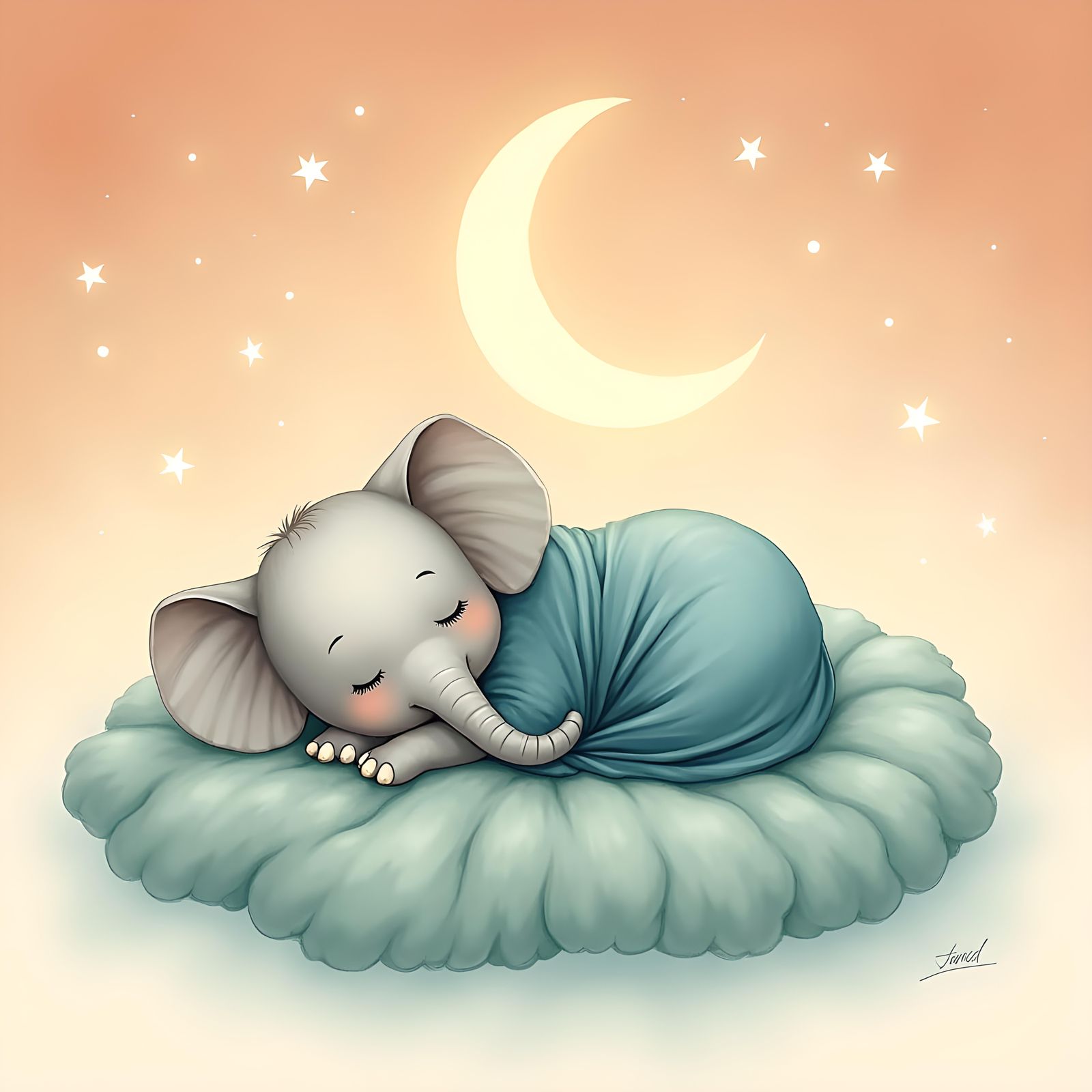 Dreamy Baby Elephant Sleeping Under Starry Sky