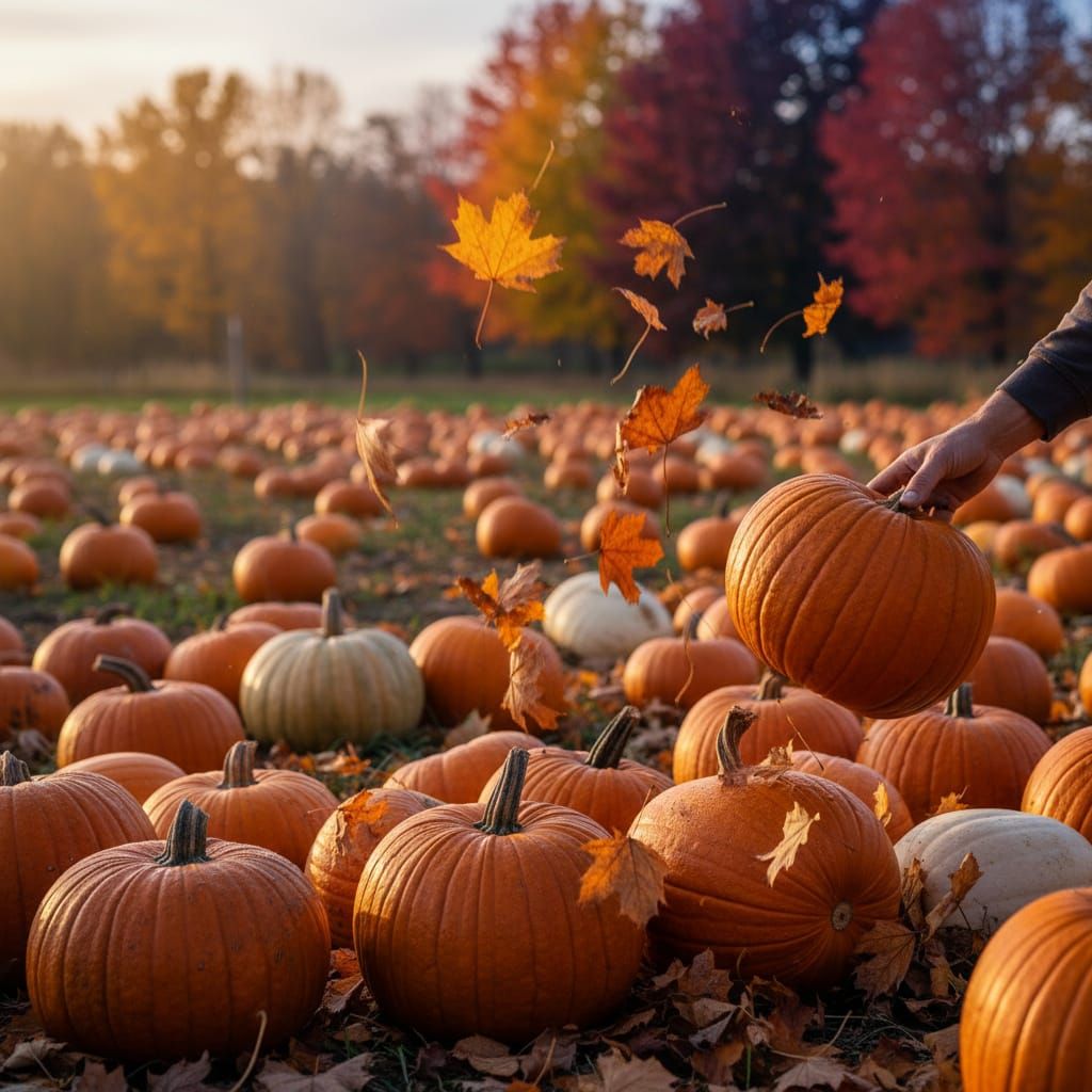 Pumpkins and Autumn Leaves in Hyperrealistic Style