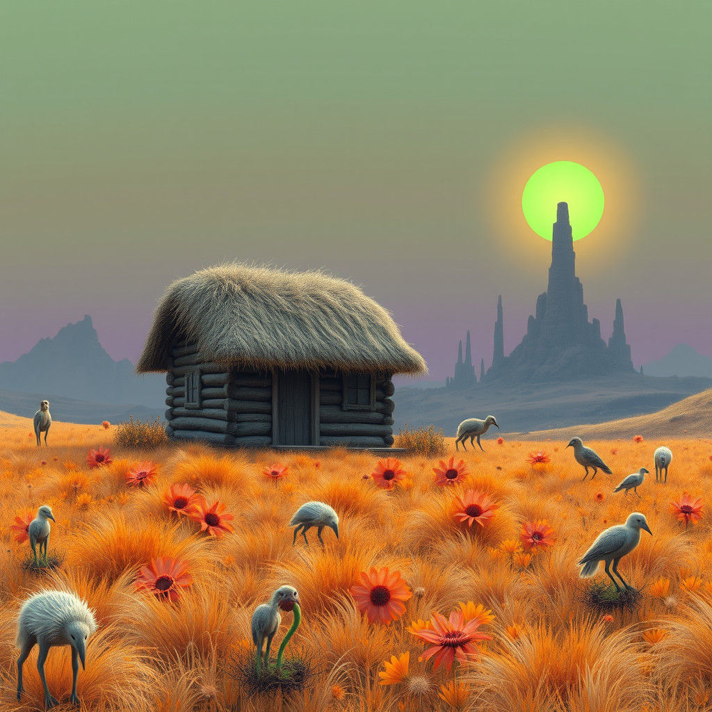 Alien Loghouse on Hill with Carnivorous Flowers