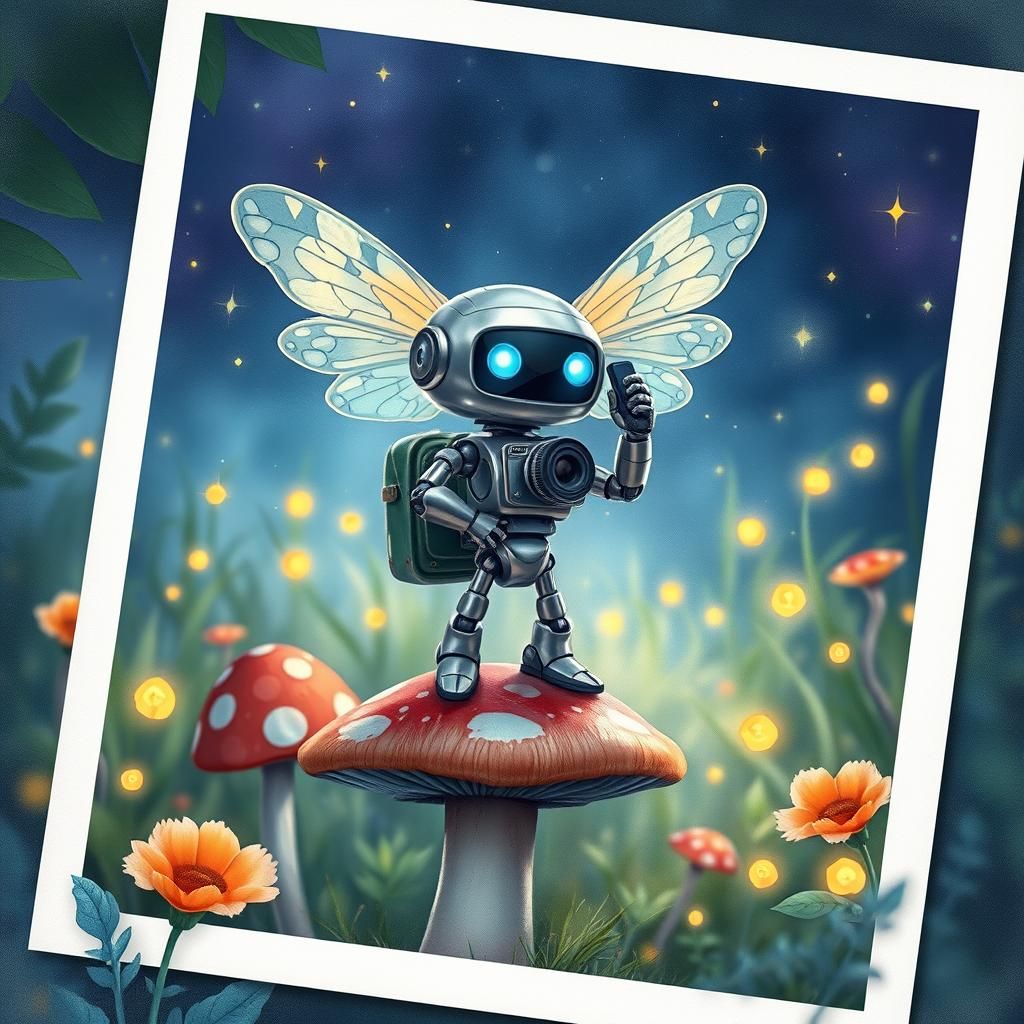 Robot Selfie in Enchanted Garden: Watercolor Illustration