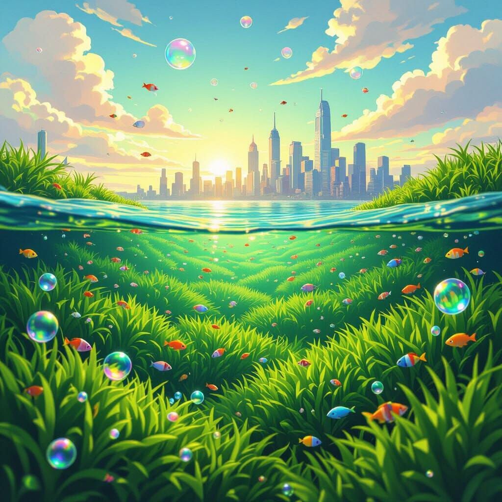 Surreal Cityscape with Floating Bubbles and Tropical Fish