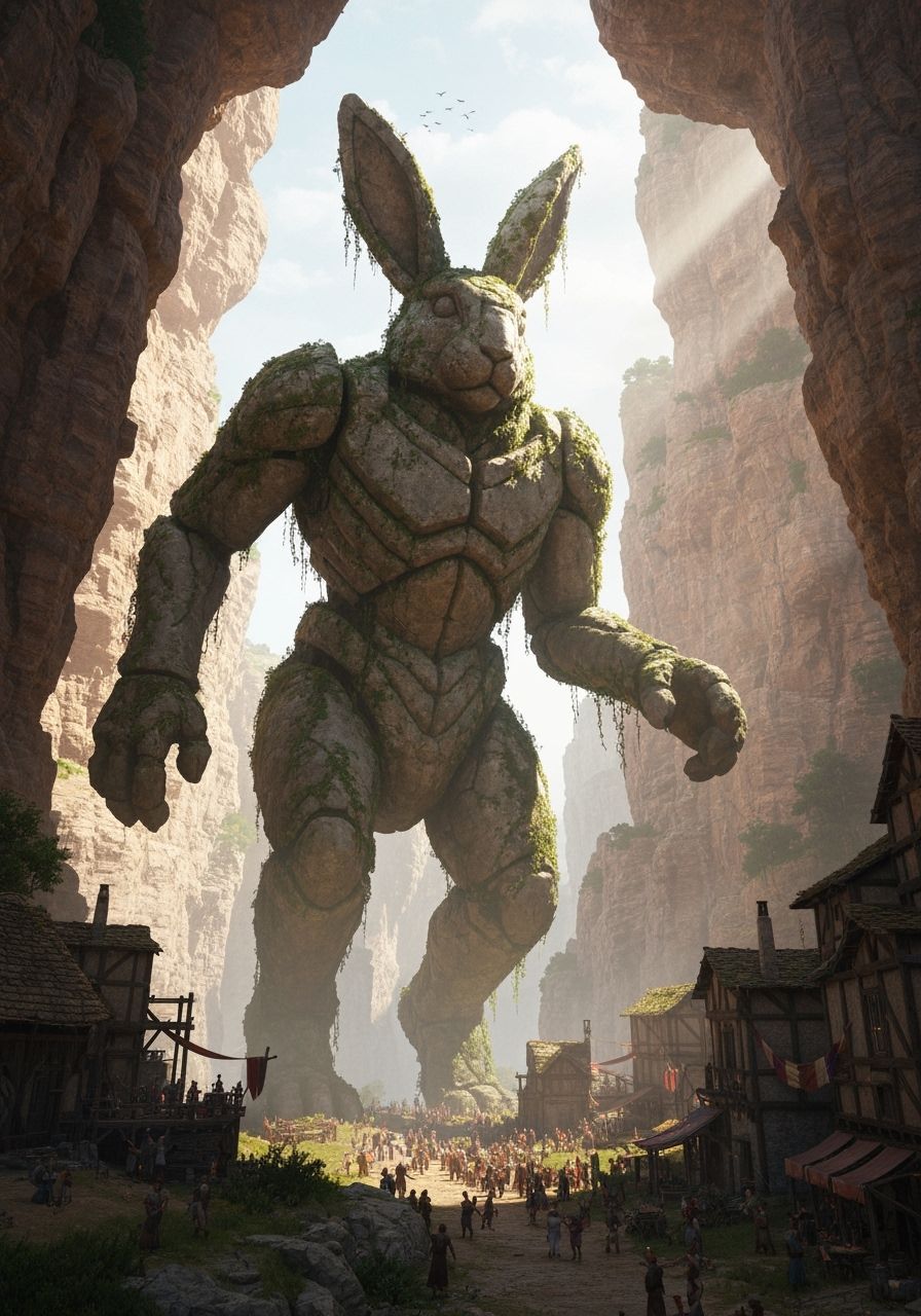 Ancient Stone Rabbit Golem Guards Medieval Village
