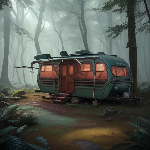 Retro Caravan in Enchanted Woods: Digital Matte Painting