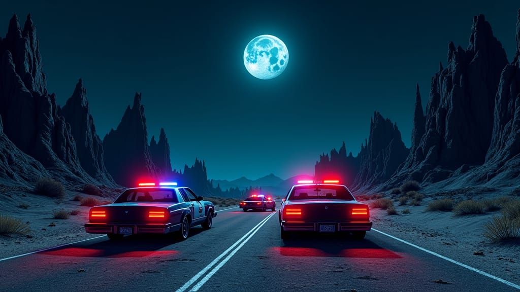 Eerie Desert Road with Abandoned Police Cars