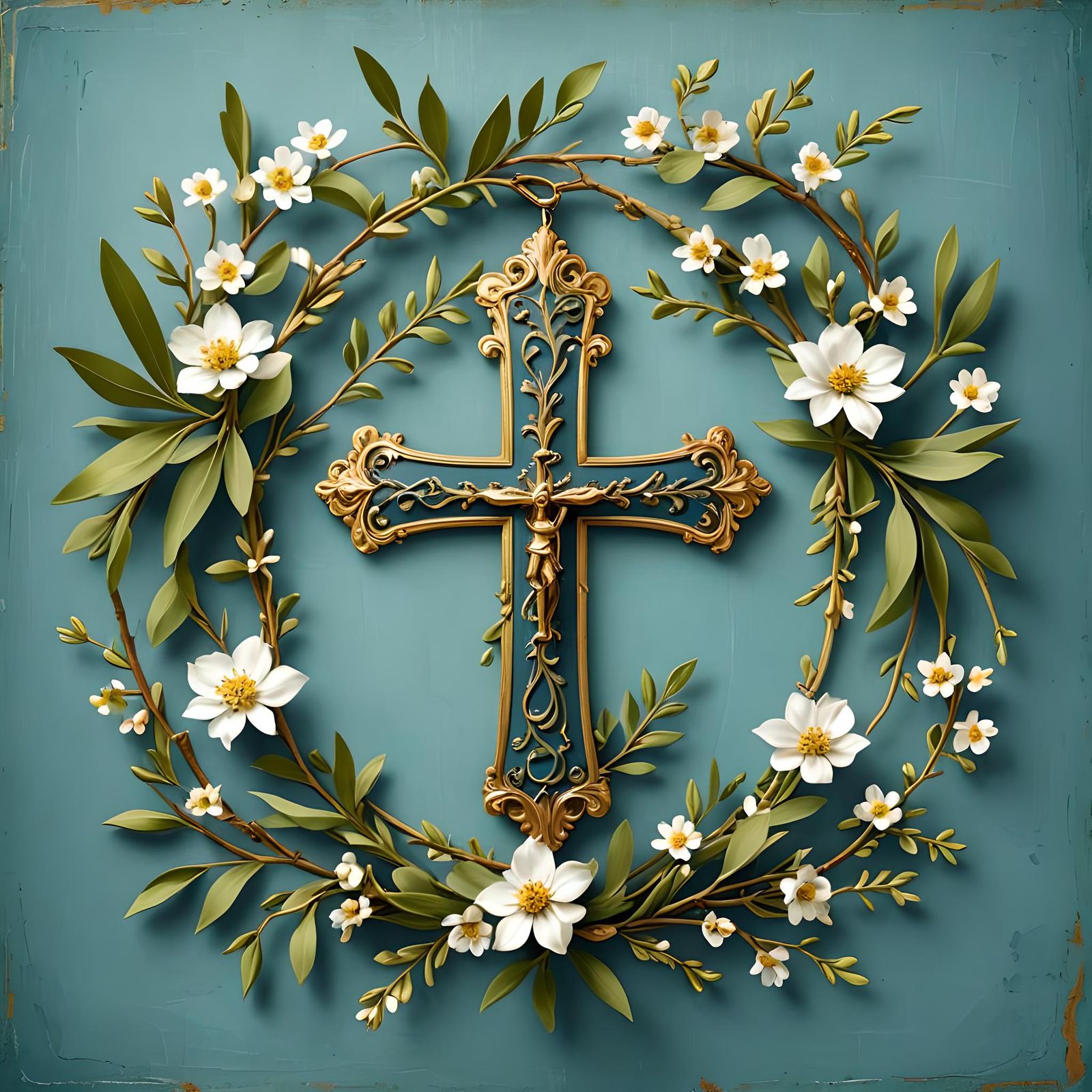 Green Antique Cross with Flowers and Branches